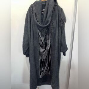Vintage Venesha Angora Fringe Duster Coat Black Full Length Cardigan L